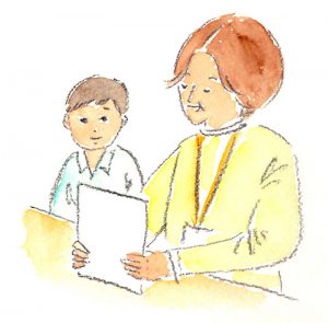 「やり直し」とは、校長先生の前で反省して、それを言葉にして伝えること。「センセイ、やり直しに来ました」と、校長室には子どもたちや、時には大人もやってくる。失敗しない人間なんていない。間違ったら何度でもやり直せばいいんだと、木村先生は教えてくれる（イラスト：ながたに睦子）
