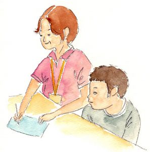 セイちゃんと木村先生が校長室で穏やかに会話をするシーン。ただ優しく接するだけでなく、時には厳しく突き放したような言い方をしながらも、先生がセイちゃんをとても温かく見守っている様子が伝わってきた（イラスト：ながたに睦子）