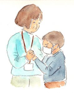 時には友達に暴力をふるったり、頑なに心を開かない子どももいる。それでも先生たちは、決して頭から怒ることはなく、ゆっくりと子どもの心に寄り添い、解きほぐしていく。自分の子育てにも、見習いたいと思うシーンがたくさんあった（イラスト：ながたに睦子）