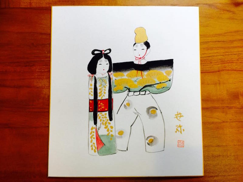 愛子さんのお母様がおひな様を描いた色紙。柔らかな色彩で、優しく微笑む京雛が描かれています